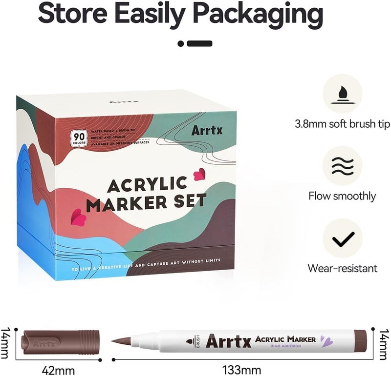 Arrtx 90 Colors Paint Markers, Acrylic Paint Pens for Artists Adults Coloring Drawing - Extra Brush Tip for Rock Painting, Wood, Canvas, DIY Crafts Making Art Supplies - Image 3
